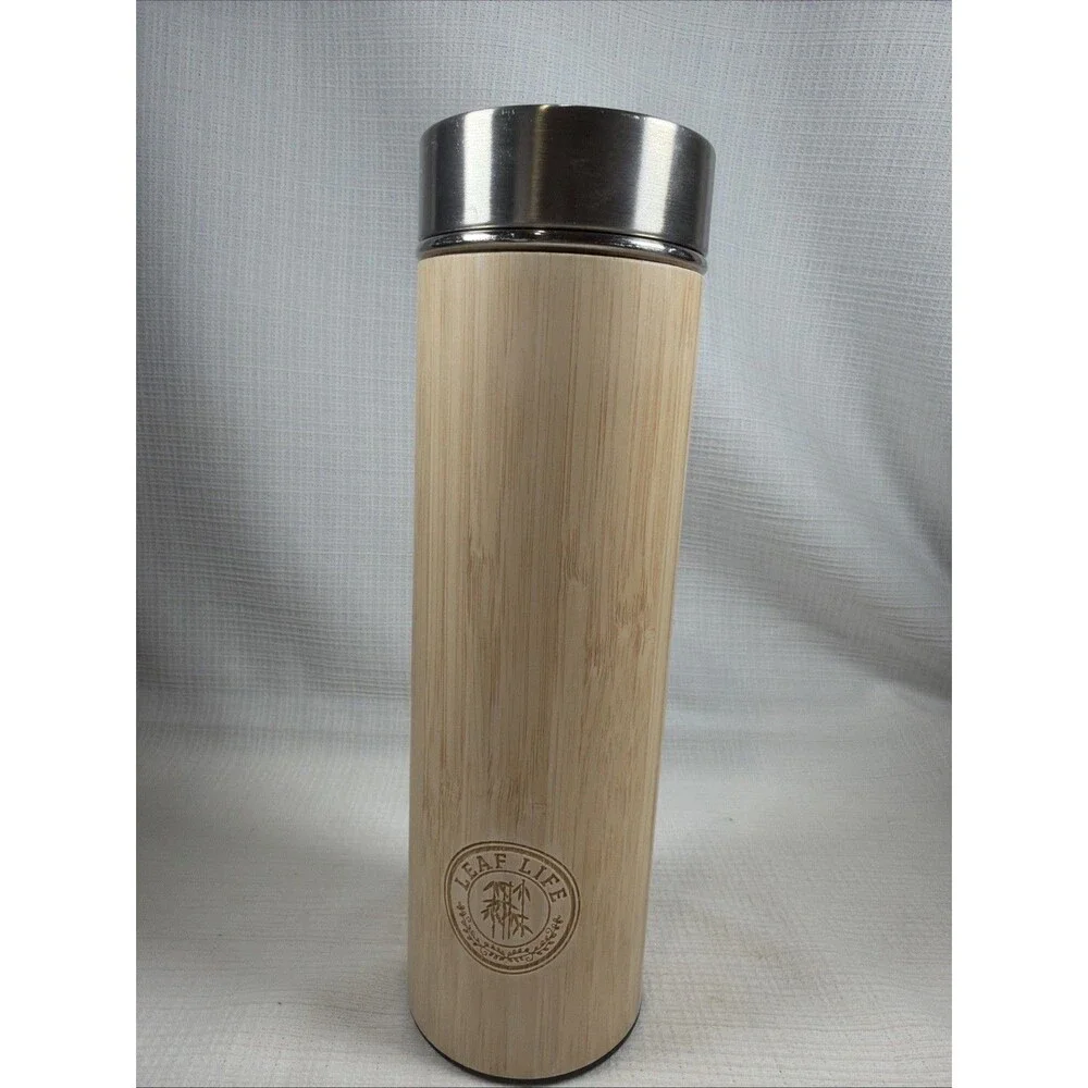 LeafLife 17oz Bamboo Tumbler Insulated Stainless Steel Tea Infuser Used Thermos